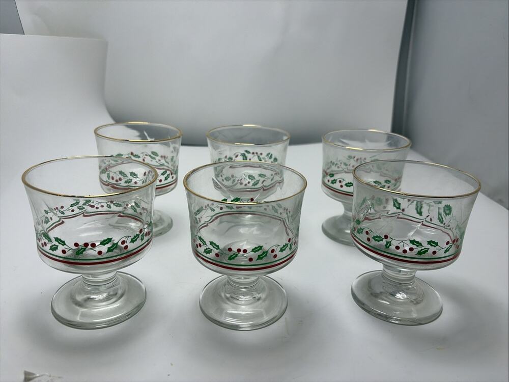 6 Vintage Arby's Libbey Sherbet Glasses Holly Berry Christmas Glass Gold Trim